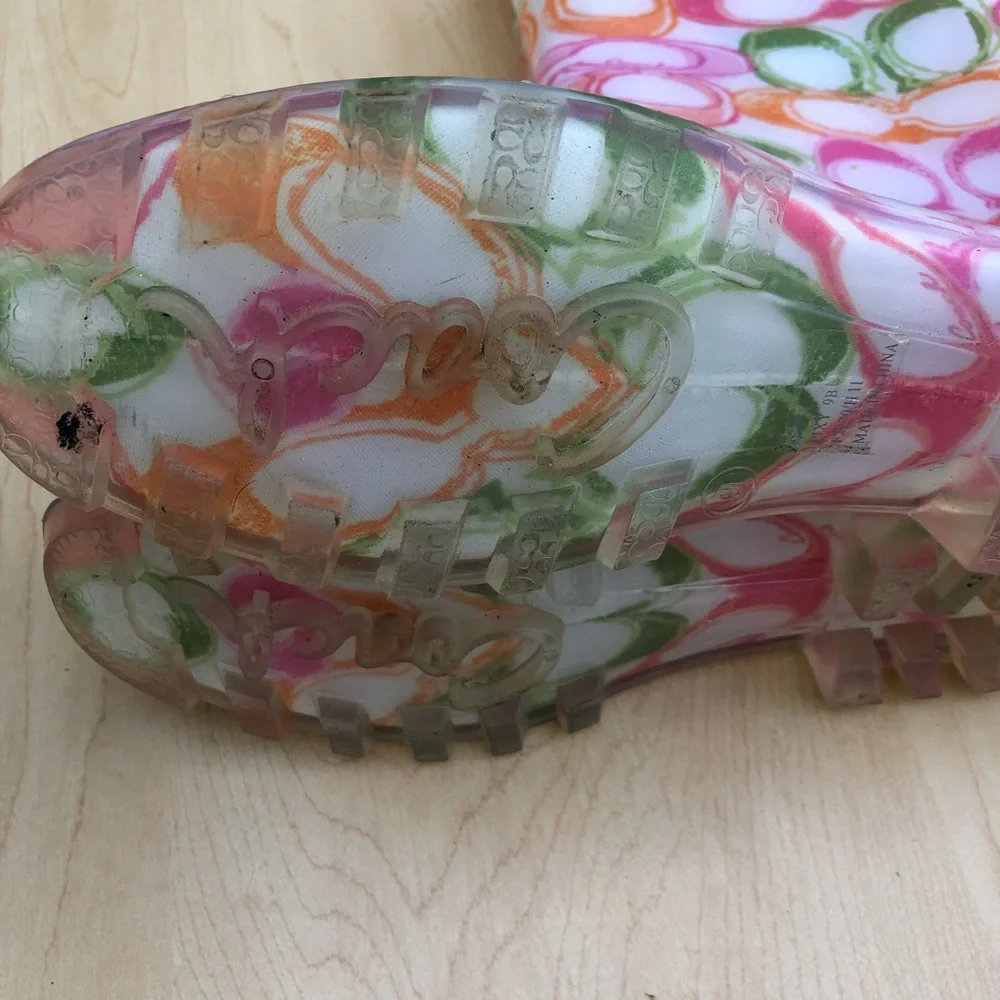 COACH PINK GREEN ORANGE WHITE LOGO RUBBER RAIN BOOTS VINTAGE Y2K DESIGNER SZ 6